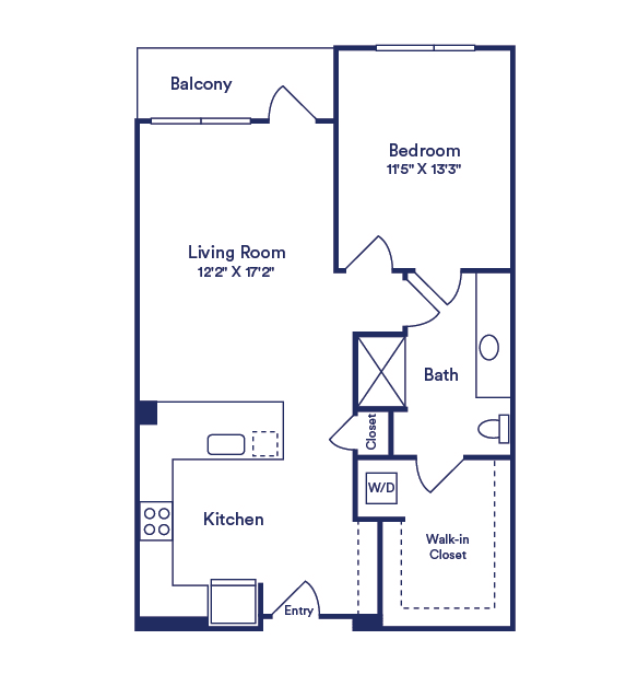 1 bedroom 1 bath floorplan. entry open to kitchen with peninsula. Built-in entry bench. kitchen open to living room. balcony off of living room. bathroom with dual access. stackable washer/dryer in walk-in closet.