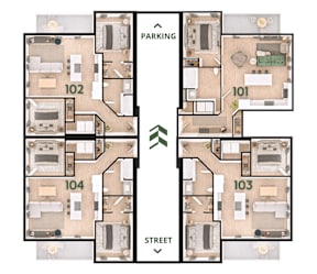 A floor plan of an apartment complex with four units, each with a different layout.