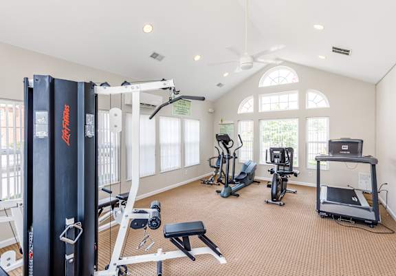 A spacious home gym with a variety of equipment including a treadmill, exercise bike, and weight machine.