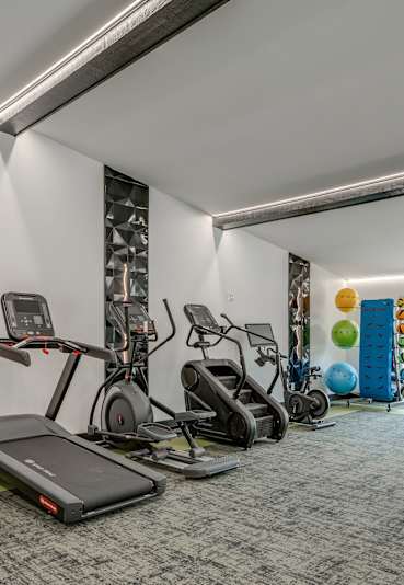 A gym with treadmills, elliptical machines, and other exercise equipment.