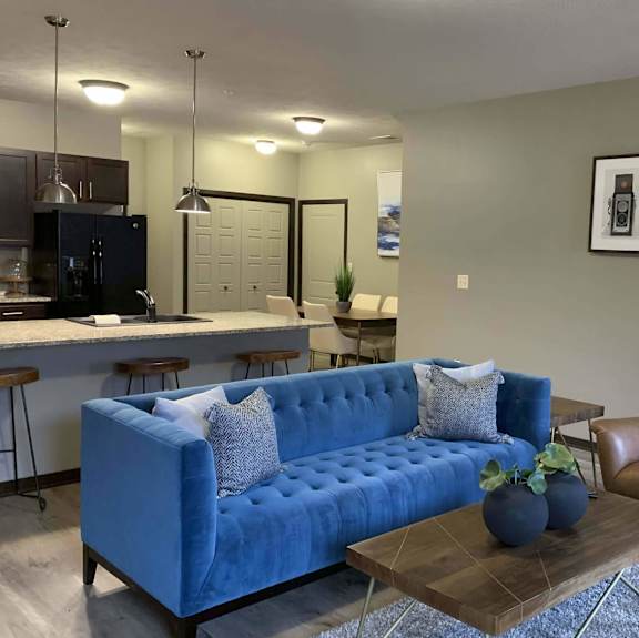 Furnished living apartment living room and kitchen area