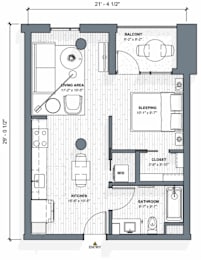 A floor plan of a small apartment with a sleeping area, kitchen, bathroom, and living area.