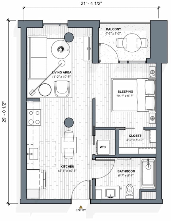 A floor plan of a small apartment with a sleeping area, kitchen, bathroom, and living area.