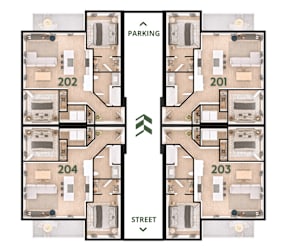 A diagram of a building layout with four floors, labeled 201 to 204, and a parking area on the top floor.