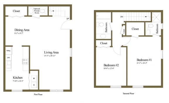 2 bedroom 2.5 bathroom end unit floor plan at Spring Hill Townhomes in Parkville, MD