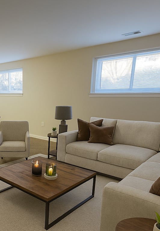 A living room with a couch, chairs, and a coffee table.