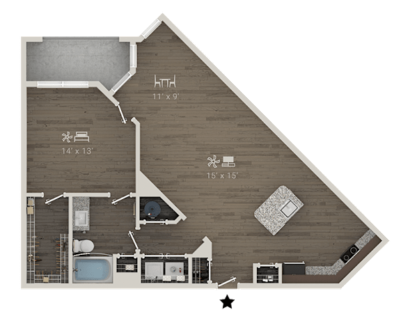 A floor plan of a house with a kitchen, living room, and two bedrooms.