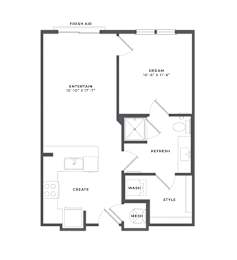 A floor plan of a one bedroom apartment with a bath.