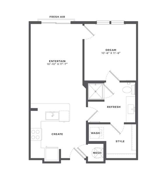 A floor plan of a one bedroom apartment with a bath.