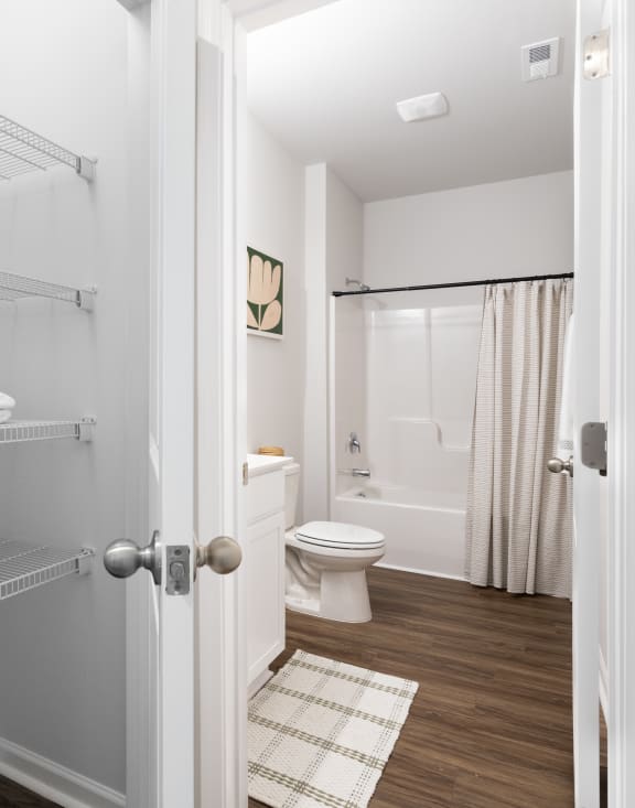a bathroom with a toilet and a shower and a closet