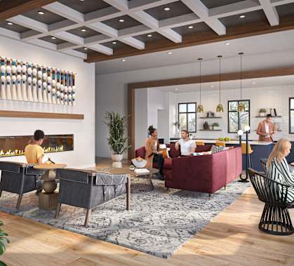 a rendering of a living room with people sitting in a lobby