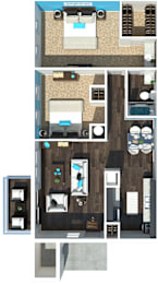 Floor Plan  3-D rendering of a two-bedroom apartment at 701 South Apartments in Mobile, AL