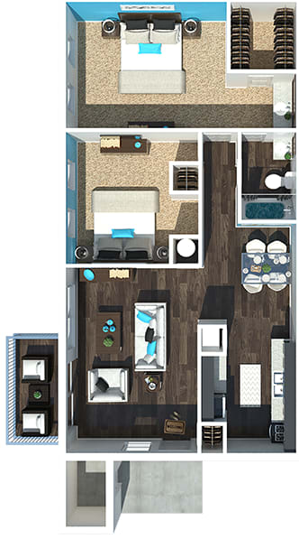 Floor Plan  3-D rendering of a two-bedroom apartment at 701 South Apartments in Mobile, AL