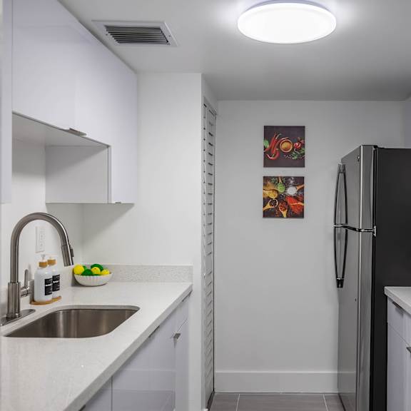 A kitchen with a black refrigerator and a white counter top.