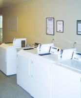 four washing machines in a room with red walls at Whisperwood, Washington