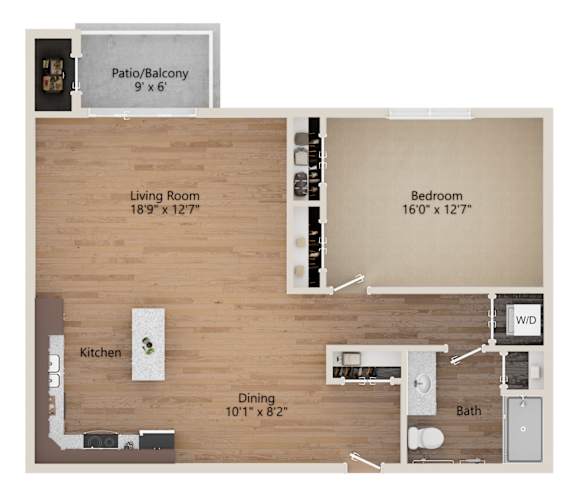 A floor plan of a small apartment with a living room, bedroom, kitchen, and bathroom.