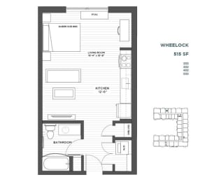 Wheelock Studio Floor Plan at The Hill Apartments