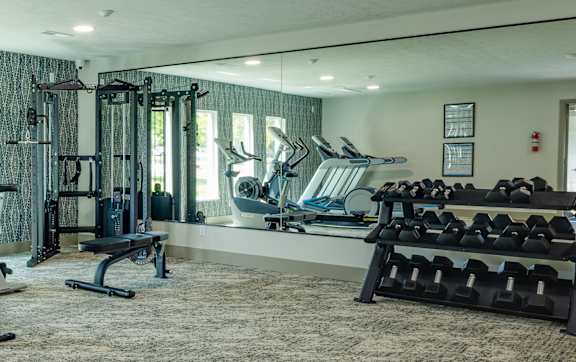 A gym with a variety of equipment including treadmills, stationary bikes, and weight machines.
