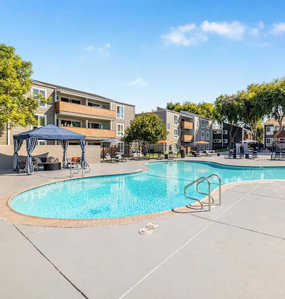 Outdoor pool with cabana and lounge seating