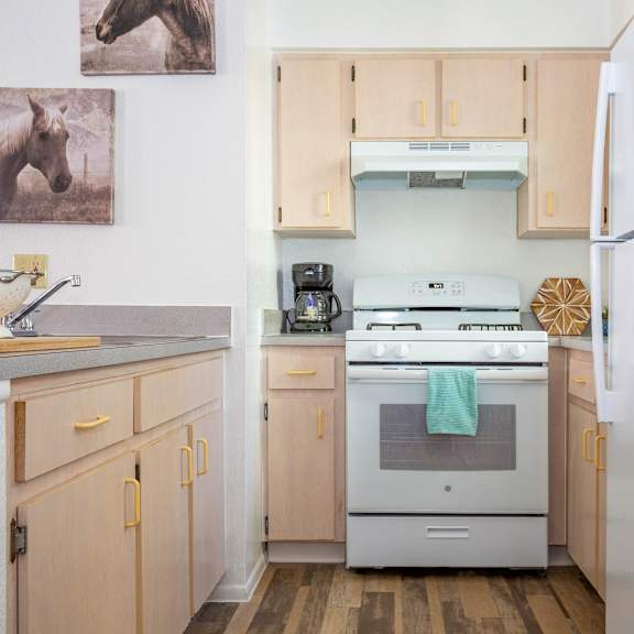 A kitchen with a white fridge, white stove, and wooden cabinets.
