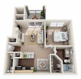 One bedroom 3D floor plan with balcony at Sonterra Apartments Homes, Austin, TX