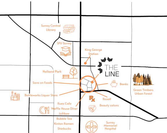 A map of a city with a circle in the middle and various landmarks around it.