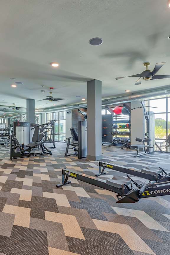A room with a treadmill and a fan.