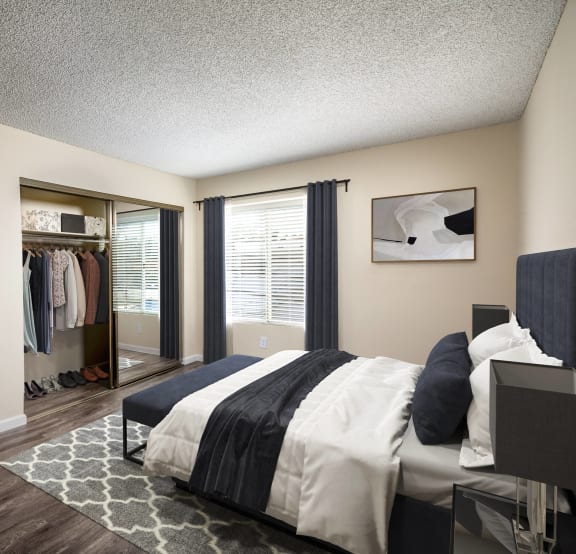 a bedroom with a large closet and a bed and a window