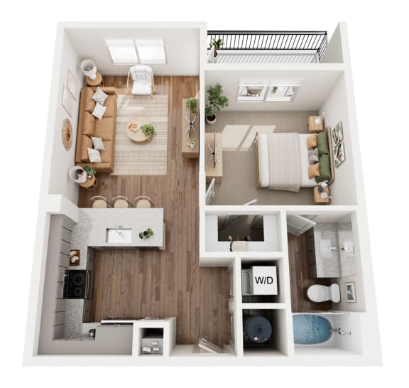 a 3d floor plan of a bedroom with a wood floor