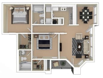 A floor plan of a house with a kitchen, living room, and two bedrooms.
