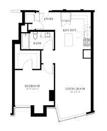 A black and white image of a floor plan for a one-bedroom apartment.