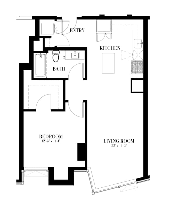 A black and white image of a floor plan for a one-bedroom apartment.