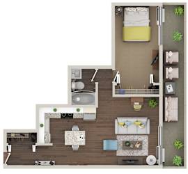 A 3D floor plan of a house with a kitchen, living room, and bathroom.