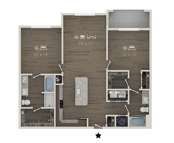 A floor plan of a house with a kitchen, living room, dining room, and bathroom.