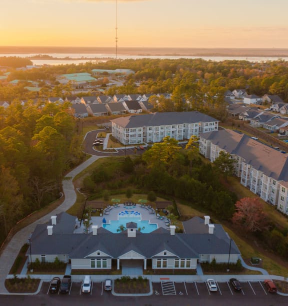 arial view of the campus with the ocean in the background