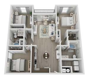 A floor plan of a house with a living room, kitchen, and two bedrooms.