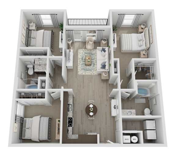 A floor plan of a house with a living room, kitchen, and two bedrooms.