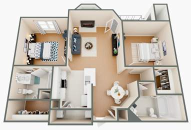 A 3D floor plan of a house showing the layout of the rooms.
