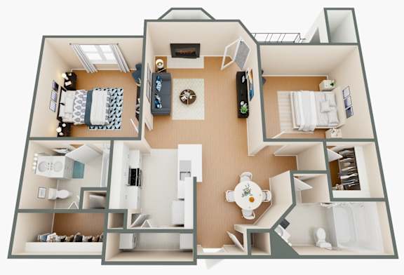 A 3D floor plan of a house showing the layout of the rooms.