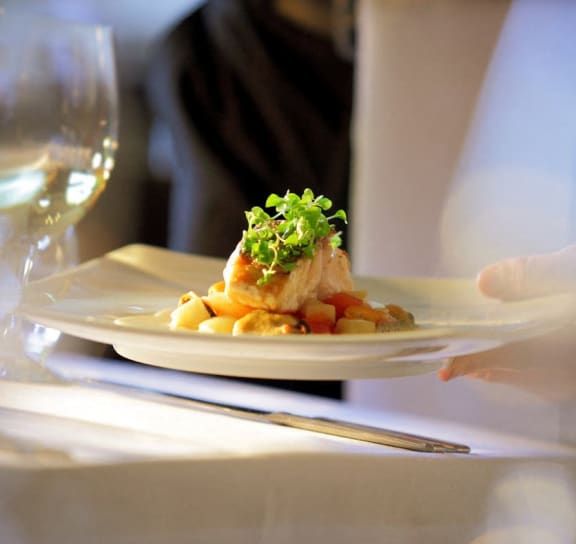 upscale dining with salmon dish  at Upper Vue Flats, Dublin, Ohio