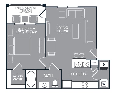 One-Bedroom Floor Plan at Mansions at Spring Creek, Garland, 75044