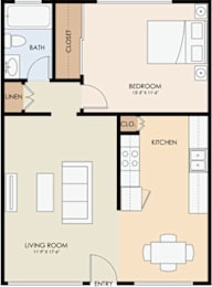 A ranchero palms floor plan with a living room, dining room, kitchen, and bathroom.