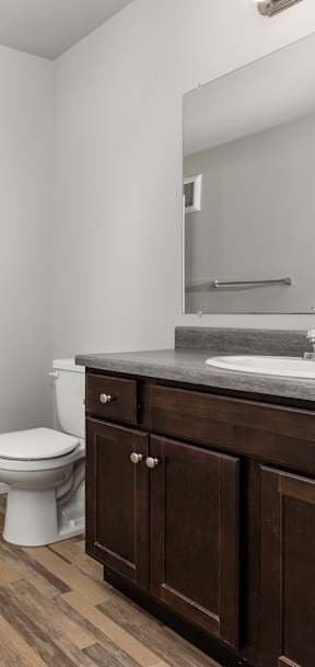 A bathroom with a toilet, sink, and wooden floors.