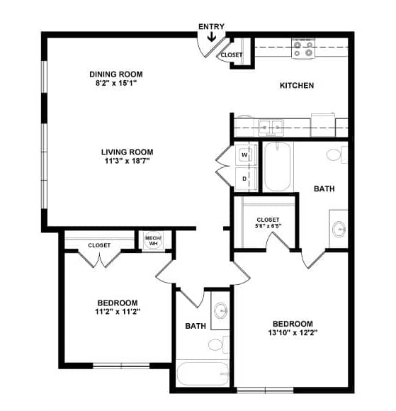 A floor plan of a home with a living room, dining room, kitchen, and two bedrooms.