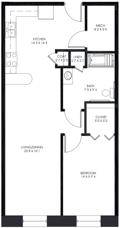 This is a sample one bedroom floor plan in Call Terminal.  Schedule a tour to see what's available now.