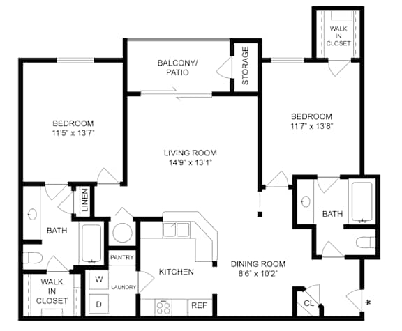 A floor plan of a house with a living room, dining room, kitchen, and two bedrooms.