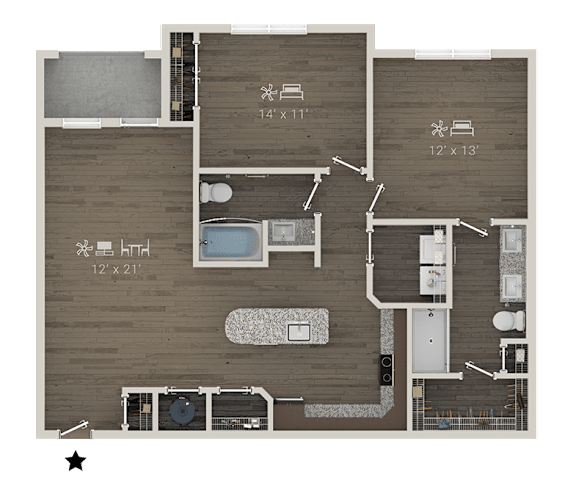 A floor plan of a house with a kitchen, living room, and two bedrooms.