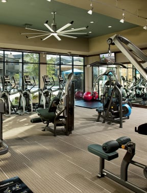 a spacious fitness room with cardio equipment and weights