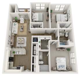 Three bedroom two bathroom floorplan at Litchford 315 Apartments, Raleigh, North Carolina