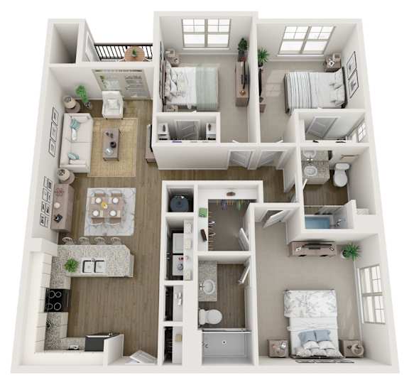 Three bedroom two bathroom floorplan at Litchford 315 Apartments, Raleigh, North Carolina